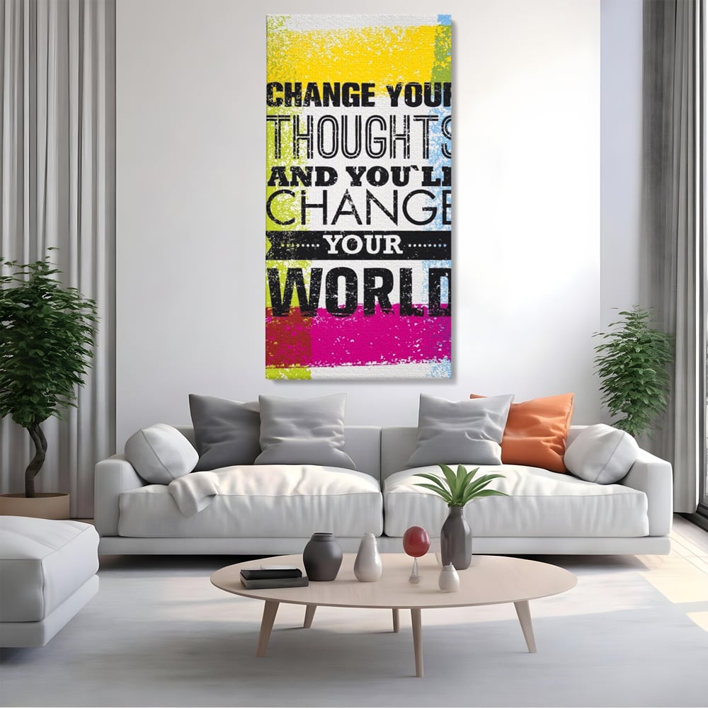 Tablou canvas cu tablou canvas cu mesaj motivational colorat, fara rama, pe sasiu de lemn, pe perete intr-un living